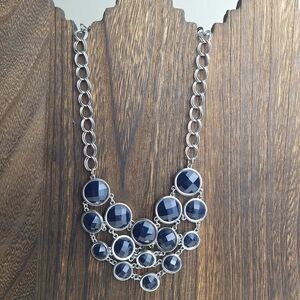 Lia Sophia Keku by Jennifer Bib Necklace Dark Navy Blue Stones Silvertone 18"+3"